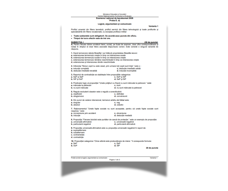 Prima pagină dintr-un subiect oficial de bacalaureat la logică