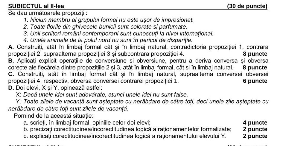 Captură din modelul oficial de bacalaureat 2026 — Subiectul II