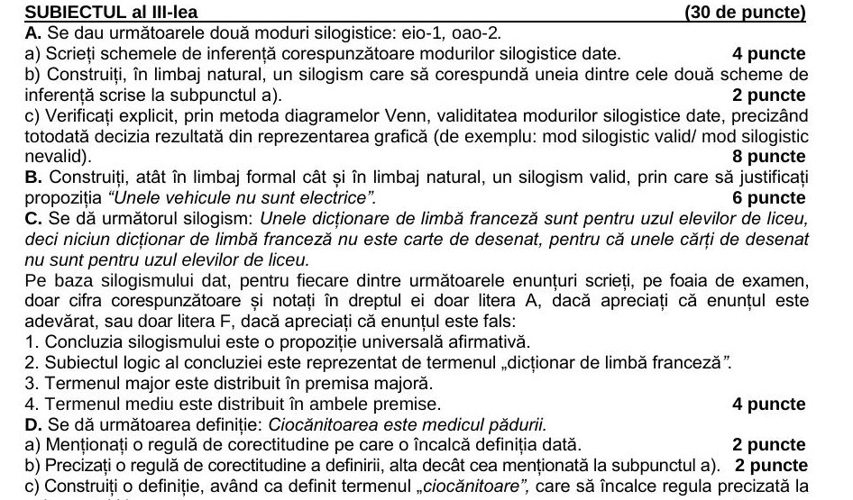 Captură din modelul oficial de bacalaureat 2026 — Subiectul III